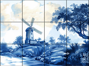 Tile mural with windmill, stream and trees in blue-and-white classic style – decorative ceramic tile